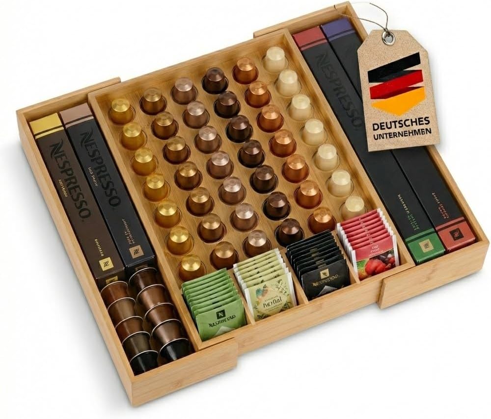 Kapselschublade aus Bambus für eine Kaffeestation